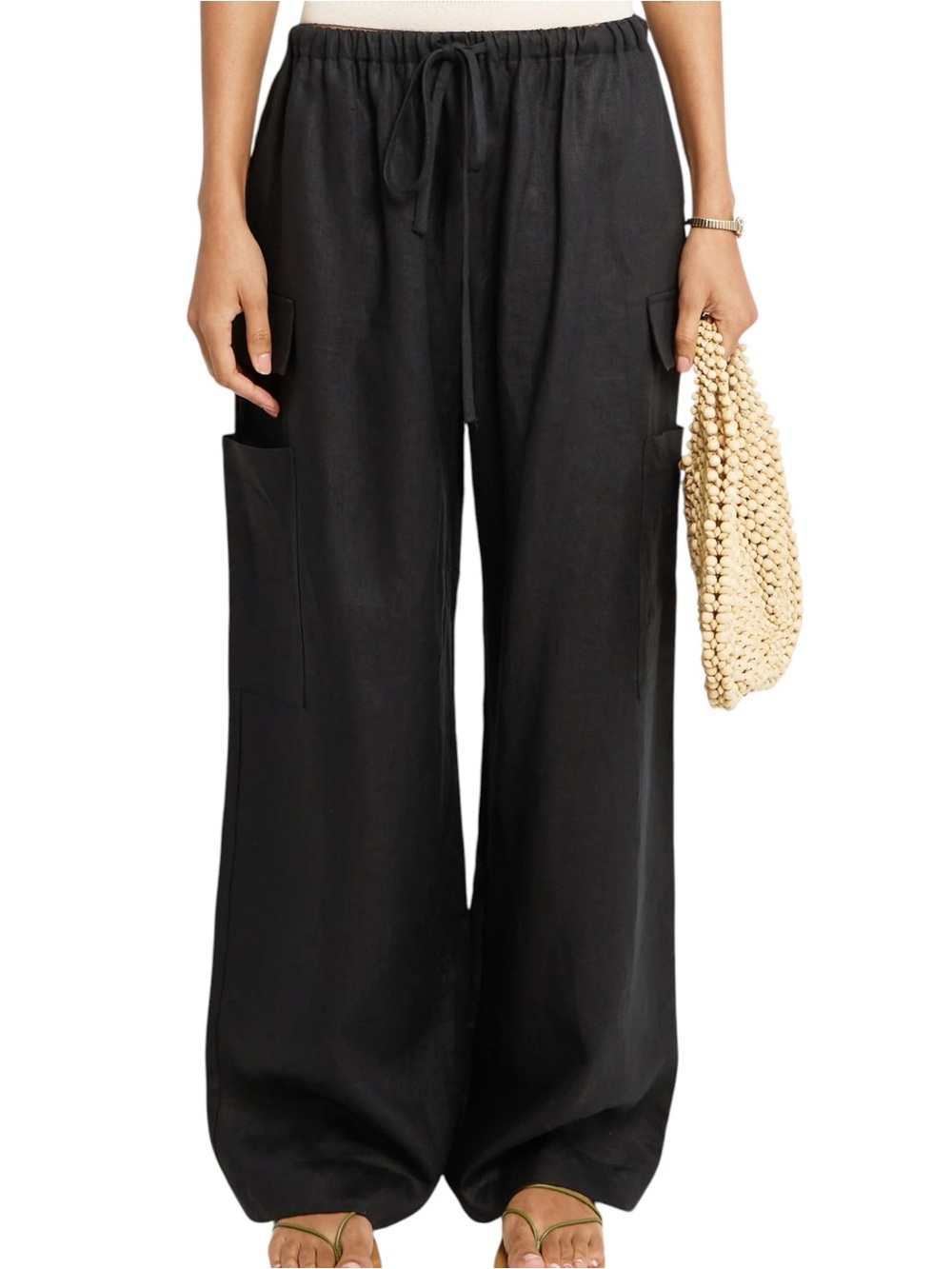 Few Moda Caara Ayden Linen Pants Casual Wide-Leg Drawstring Black NWT